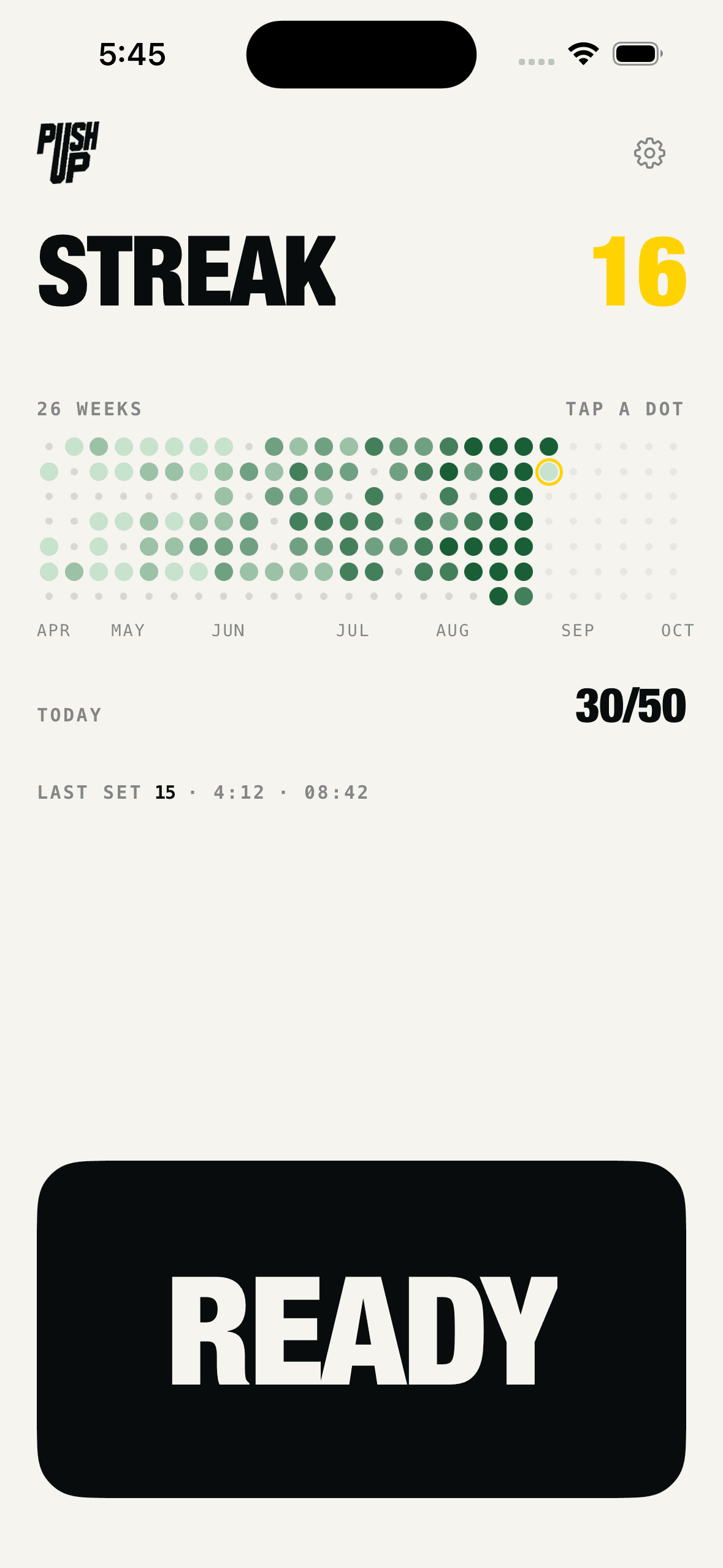 The home screen: a sixteen day streak and a calendar of green dots